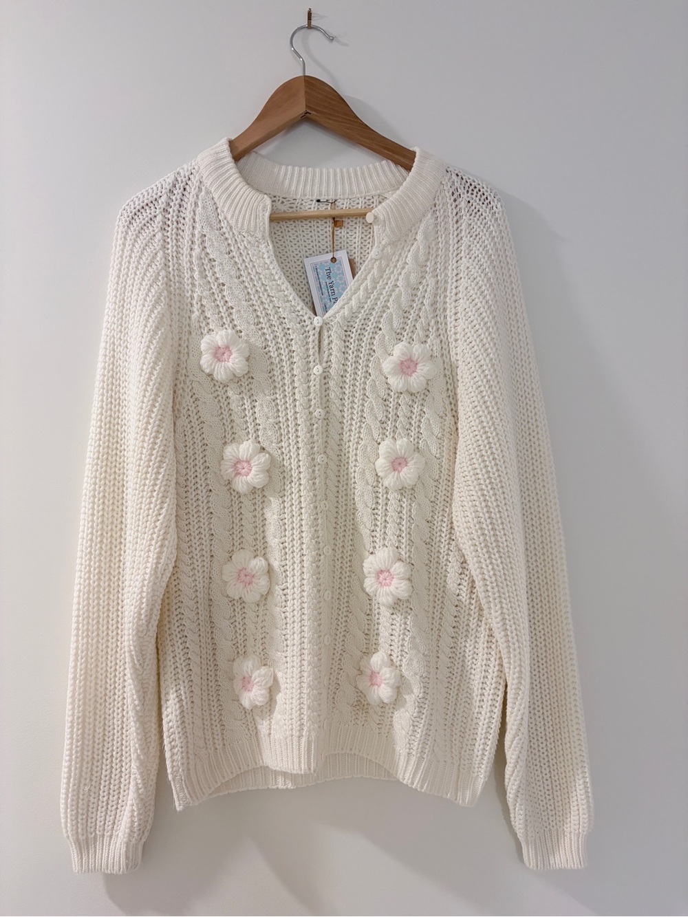 Vintage Cable Knit Cardigan with Crochet Flowers